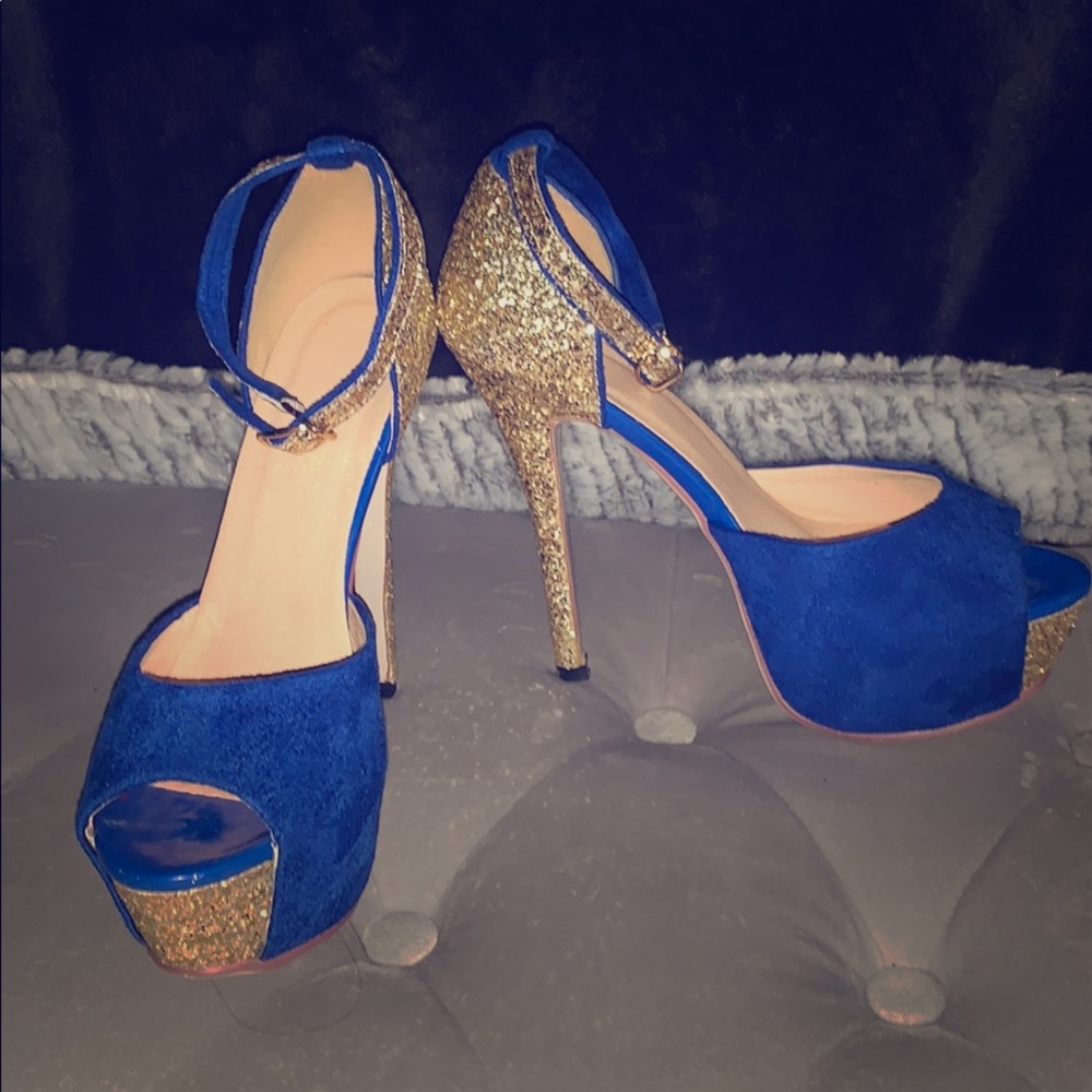 Blue & Gold peep toe 5 inch heels
